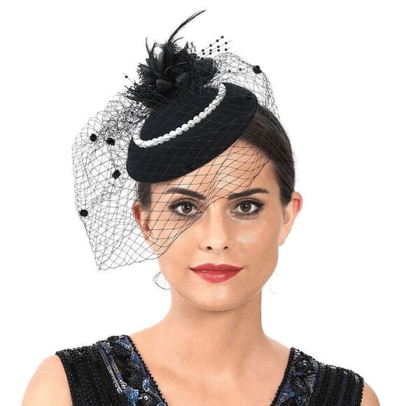 🖤 Pinup Accessory 1950s Retro Vintage Fascinator Black Pillbox Pearl Veil Hat - Picture 5 of 14